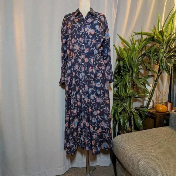 XiRENA Blue Dress Floral Pockets Midi Everr Long Sleeve Collared Small - Picture 4 of 12